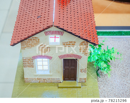 Miniature house with windows, door and red roof and green bush nearby Miniature house with windows, door and red roof and green bush nearby 78215296