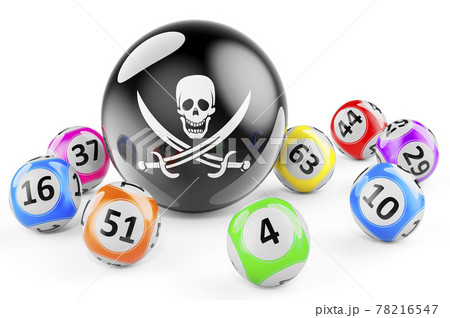 Lotto balls with piracy black flag. Illegal lottery concept, 3D rendering 78216547