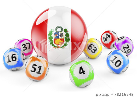 Lotto balls with Peruvian flag. Lottery in Peru concept, 3D rendering Lotto balls with Peruvian flag. Lottery in Peru concept, 3D rendering 78216548