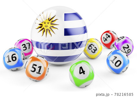 Lotto balls with Uruguayan flag. Lottery in Uruguay concept, 3D rendering Lotto balls with Uruguayan flag. Lottery in Uruguay concept, 3D rendering 78216585
