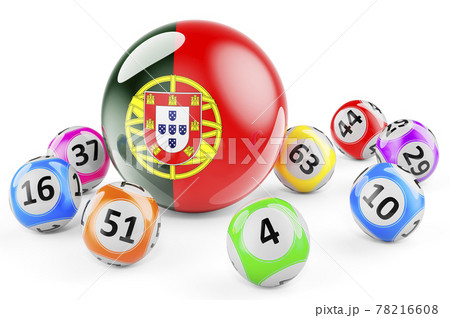 Lotto balls with Portuguese flag. Lottery in Portugal concept, 3D rendering Lotto balls with Portuguese flag. Lottery in Portugal concept, 3D rendering 78216608