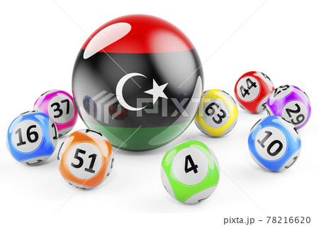 Lotto balls with Libyan flag. Lottery in Libya concept, 3D rendering Lotto balls with Libyan flag. Lottery in Libya concept, 3D rendering 78216620