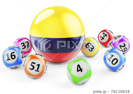 Lotto balls with Colombian flag. Lottery in Colombia concept, 3D rendering Lotto balls with Colombian flag. Lottery in Colombia concept, 3D rendering 78216638