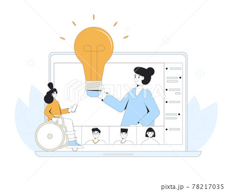 Home schooling. Online group diverse education for teenagers. Digital inclusion learning. Young student in wheelchair in virtual classroom have a lesson. Video course. Vector concept illustration. Home schooling. Online group diverse education for teenagers. Digital inclusion learning. Young student in wheelchair in virtual classroom have a lesson. Video course. Vector concept illustration. 78217035