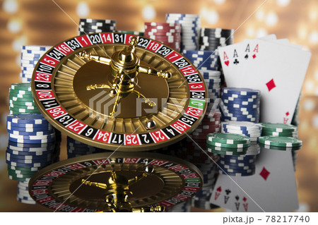 Roulette wheel running in a casino, Poker Chips 78217740