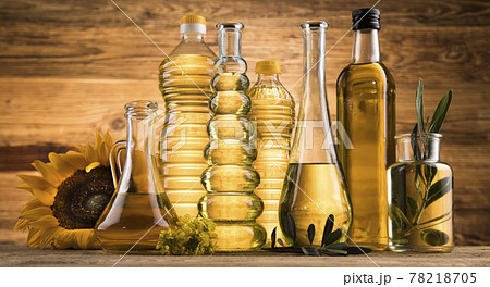Cooking oils, Olive oil, Rape, Sunflower flowers in bottles 78218705