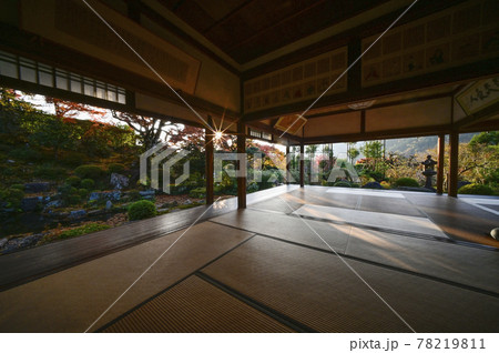 紅葉の魚山大原寺、実光院 客殿より西日に輝く庭園を眺める 紅葉の魚山大原寺、実光院 客殿より西日に輝く庭園を眺める 78219811