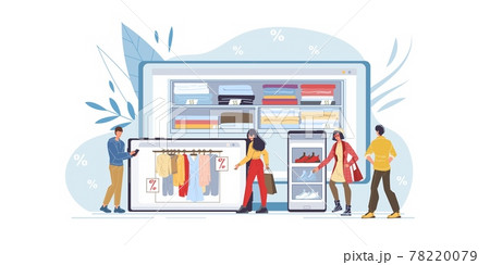 Flat cartoon characters online shopping sales vector illustration concept 78220079