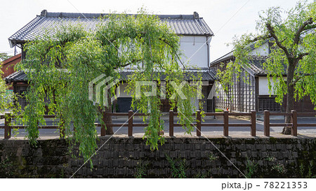 日本の観光名所 千葉県香取市佐原の街並み 柳の木と日本家屋の風景 の写真素材