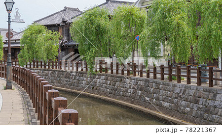 日本の観光名所 千葉県香取市佐原 柳の木と水路の風景 の写真素材