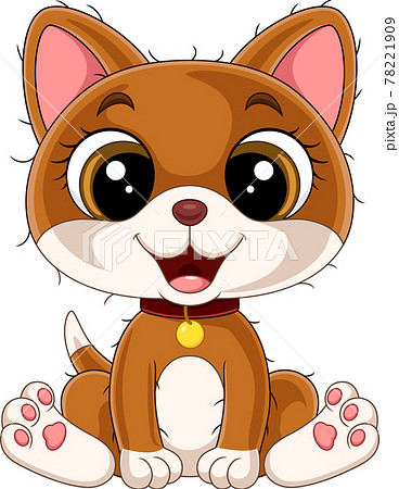 Cartoon Funny Kitten In Red Collar Sittingのイラスト素材