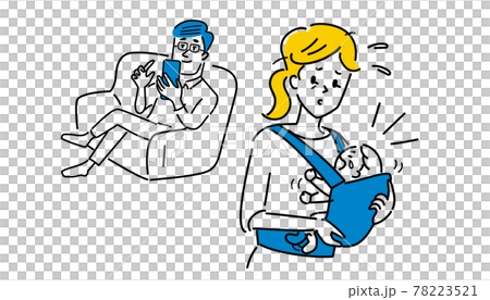 育児に無関心な夫と泣く子供を抱く妻のイラスト素材 78223521
