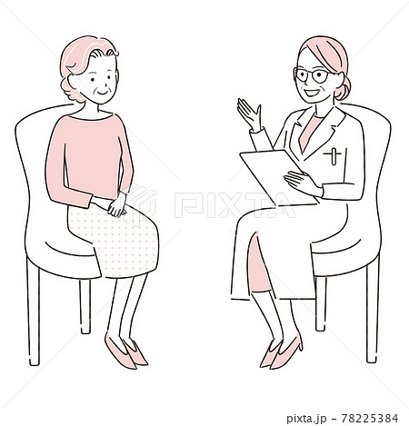 手描き1color シニアの女性　診療・ 検診・診察　対面　女医 78225384