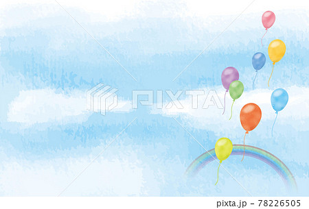 青空に浮かぶカラフルな風船と虹のイメージイラスト 水彩画風 パステル のイラスト素材