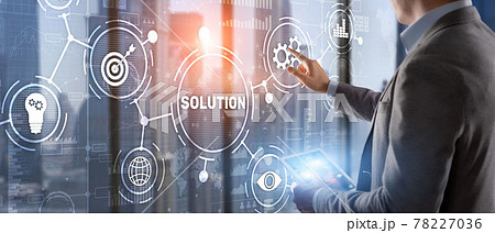 Solution. Businessman pressing on touch screen interface inscription Solutions. Business concept. Internet concept 78227036