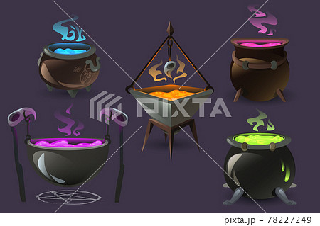 Witch cauldrons with boiling magic potions 78227249