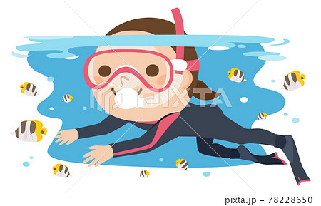 女性ダイバーのイラスト。ダイビングスーツを着て海の中を泳いでる若い女性。 78228650