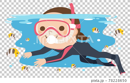 女性ダイバーのイラスト。ダイビングスーツを着て海の中を泳いでる若い女性。 78228650