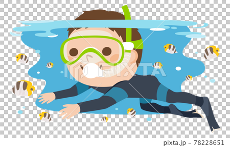 一名男性潛水員的插圖。一個穿著潛水服在海裡游泳的年輕人。 78228651