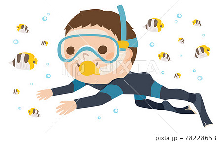 男性ダイバーのイラスト ダイビングスーツを着て海の中を泳いでる若い男性 のイラスト素材