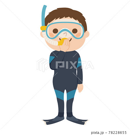 男性ダイバーのイラスト ダイビングスーツとシュノーケリングマスクとフィンを付けてる若い男性 のイラスト素材