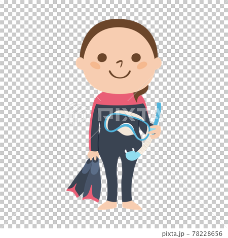 女潛水員的插圖。一名身穿潛水服、手持浮潛面罩和腳蹼的年輕女子。 78228656