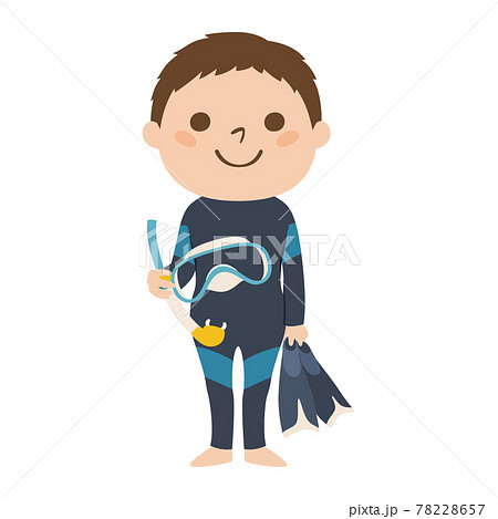 男性ダイバーのイラスト ダイビングスーツを着て シュノーケリングマスクとフィンを持っている若い男性 のイラスト素材