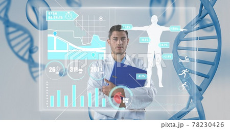 Composition of male doctor standing and viewing virtual medical research data interface screen Composition of male doctor standing and viewing virtual medical research data interface screen 78230426