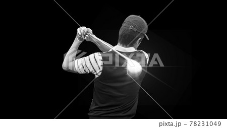 Composition of male golf player with golf club with copy space in black and white Composition of male golf player with golf club with copy space in black and white 78231049
