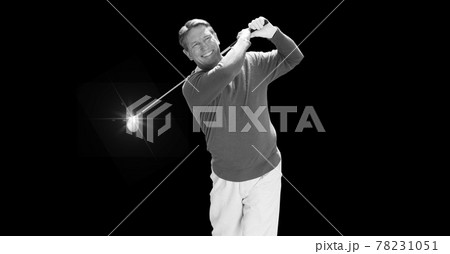 Composition of smiling caucasian male golf player with golf club with copy space in black and white 78231051