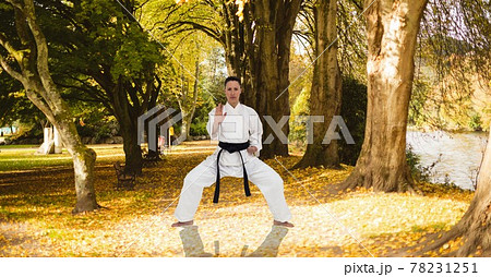 Composition of female martial karate artist with black belt practicing in park with copy space Composition of female martial karate artist with black belt practicing in park with copy space 78231251