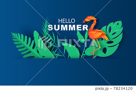 Summer sale banner with paper cut flamingo and tropical leaves on blue background. exotic floral design for banner and cover web, flyer, invitation, poster or greeting card. Paper cut style. vector 78234120