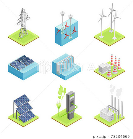 Renewable Green Energy Source with Wind Generator and Solar Panel Isometric Vector Set 78234669