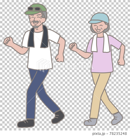 笑顔でウォーキングする高齢夫婦のイラスト 78235248