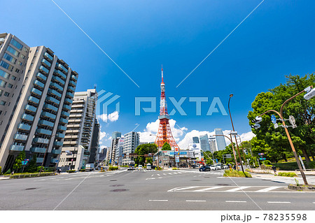 (東京都ー都市風景)青空の下の赤羽橋交差点風景1 (東京都ー都市風景)青空の下の赤羽橋交差点風景1 78235598