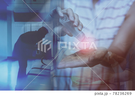 Double exposure of housekeeper cleaning and women use alcohol gel to cleaning hand for good hygiene. Protection against the virus, Covid 19, coronavirus 2019, Covid-19. service working at office 78236269