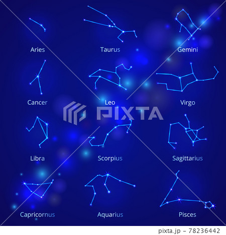 collection of zodiac signs, constellations horoscope symbols shining on dark blue background 78236442