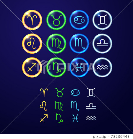 zodiac signs collection, round horoscope symbols icons shining on dark background zodiac signs collection, round horoscope symbols icons shining on dark background 78236443