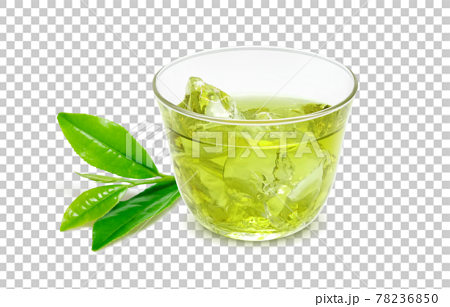 グラス 緑茶 飲み物 イラスト リアル 茶葉あり 氷のイラスト素材