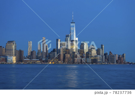 Manhattan skyline at sunset over Hudson viewed...の写真素材