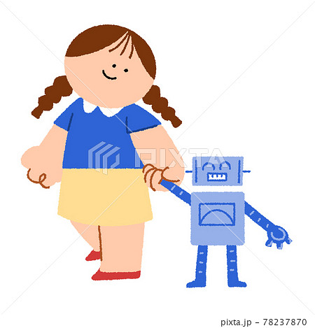 ロボットと仲良く手を繋いでいる女の子のイラスト素材