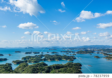 長崎県佐世保市 晴天の展海峰展望台から見る九十九島の写真素材 大内宿 晴天の島 絵画/タペストリ