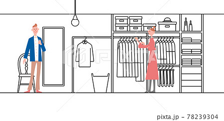 ウォークインクローゼット線画＋外出の準備をする夫婦 78239304