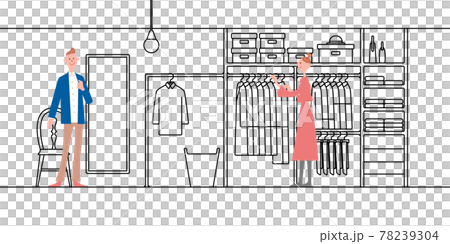 ウォークインクローゼット線画＋外出の準備をする夫婦 78239304