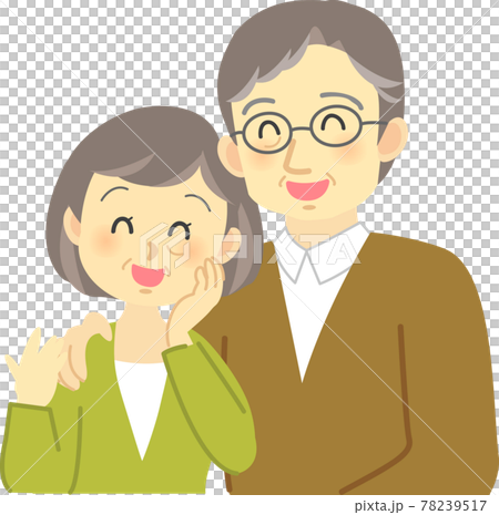 イラスト素材 シニア夫婦が肩を抱き合いラブラブな場面のイラスト素材