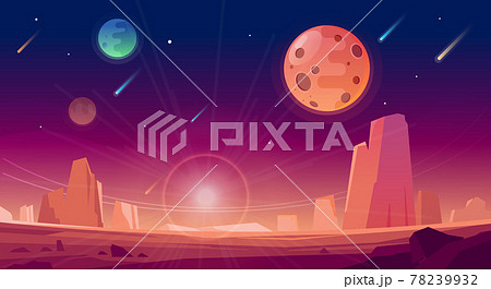 Space and planet landscape background. Planets surface with craters, stars and comets in dark space. Vector cartoon illustration. Space sky with planet and satellite. Space and planet landscape background. Planets surface with craters, stars and comets in dark space. Vector cartoon illustration. Space sky with planet and satellite. 78239932
