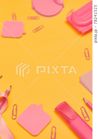 Minimalism, Back to school concept, Pink school supplies on yellow background, flat lay copy space 78241525