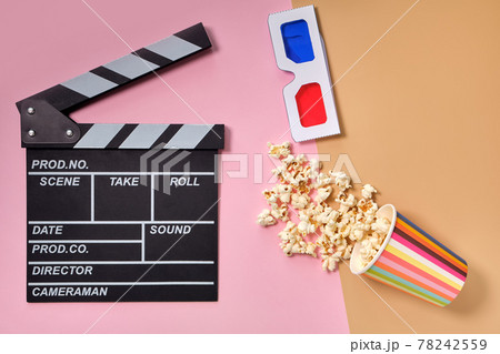 Flat lay composition with popcorn and space for text on color background. Flat lay composition with popcorn and space for text on color background. 78242559