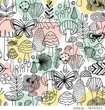 Forest elements seamless pattern. Linear graphic. Mushrooms, insects and leaves. Scandinavian kid style.  78242912