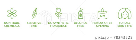 Natural and organic cosmetic line icons set. Skincare symbol. Allergen free badges. Beauty product. For sensitive skin. Non toxic logo. Eco, vegan label. Vector illustration 78243525